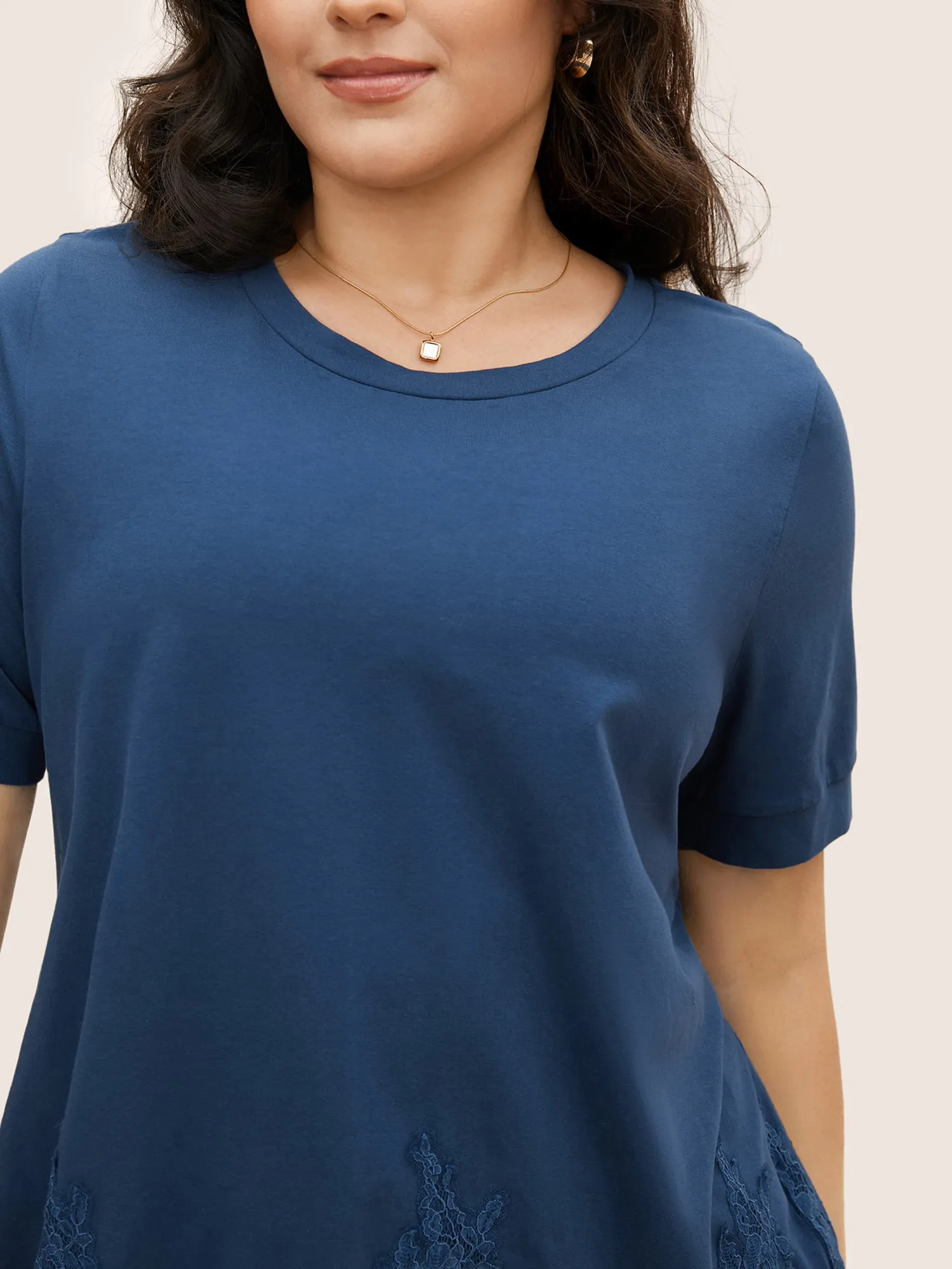 Round Neck Solid Lace Panel T-shirt sold by Bloomchic product image thumbnail 3