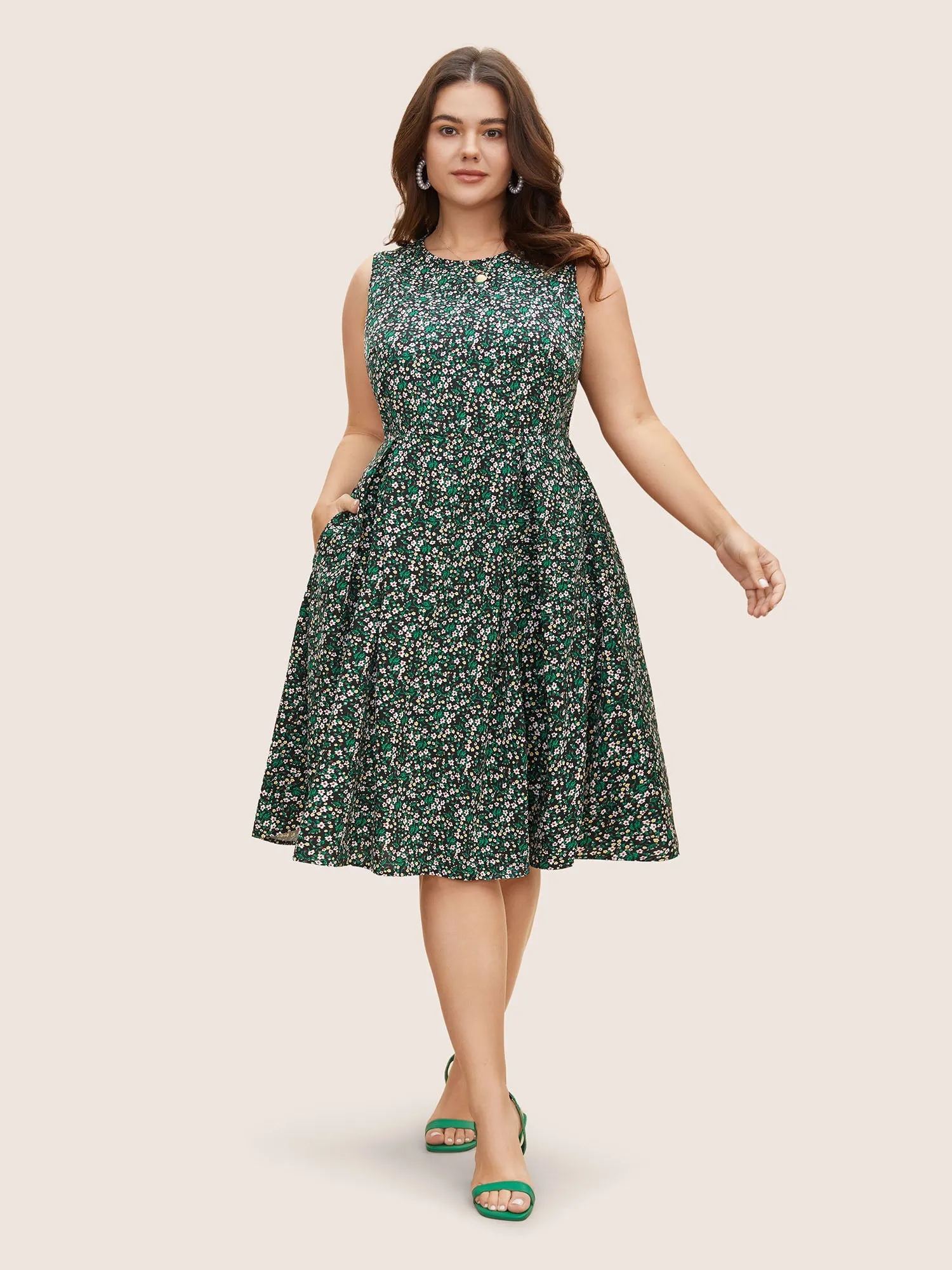 Round Collar Off-Sleeves Midi Dress sold by Bloomchic