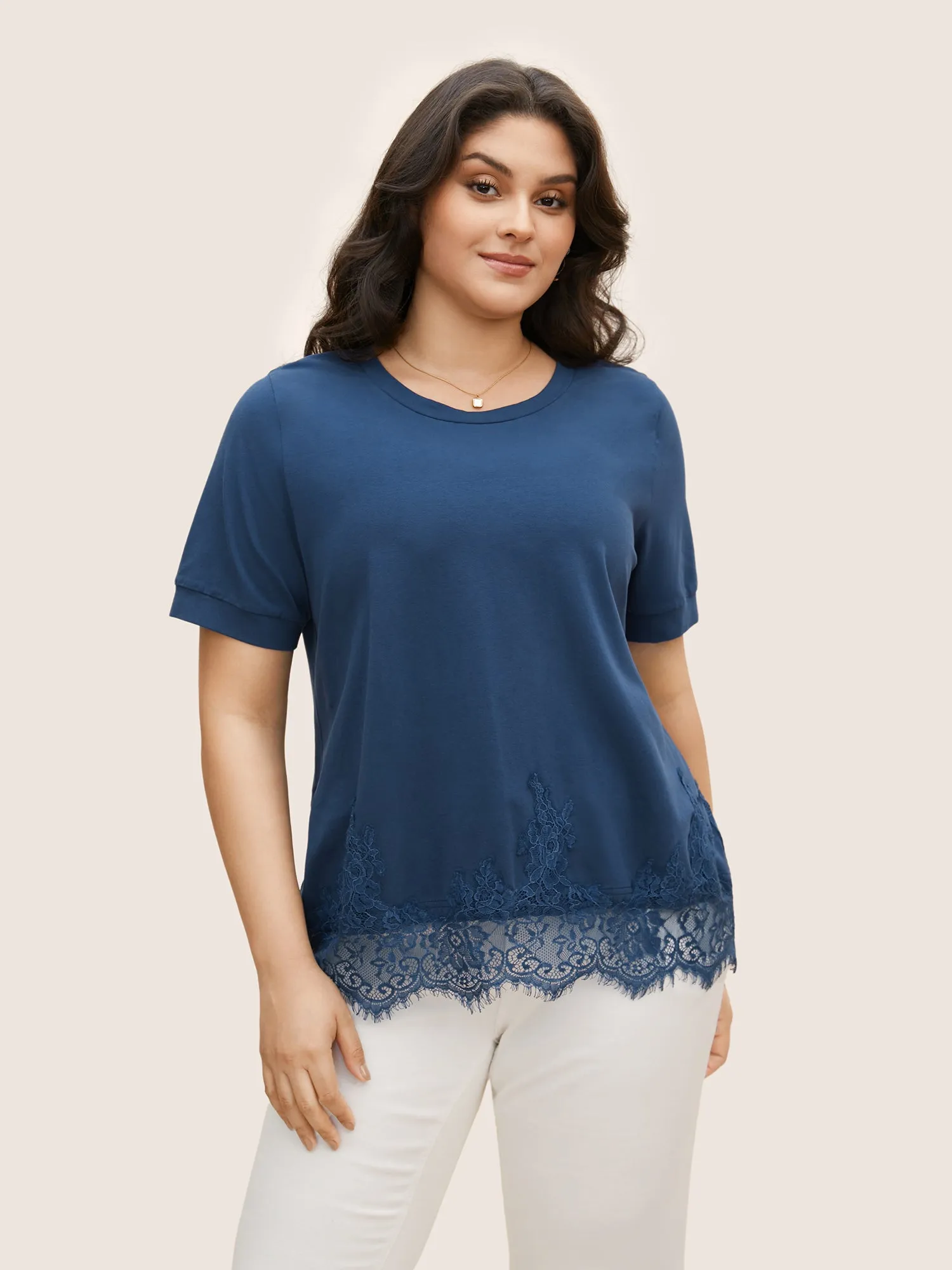 Round Neck Solid Lace Panel T-shirt sold by Bloomchic