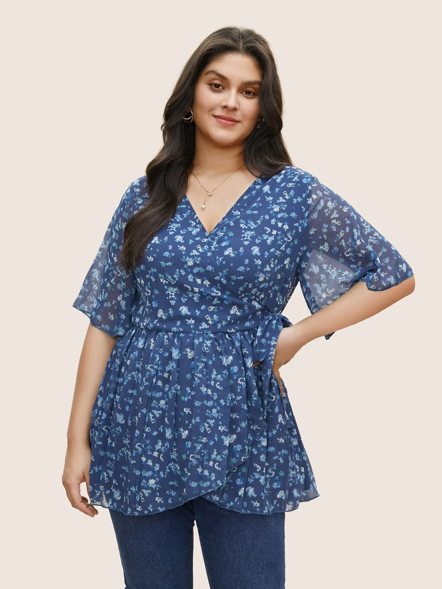 Ditsy Floral Mesh Overlap Collar Ties Blouse sold by Bloomchic