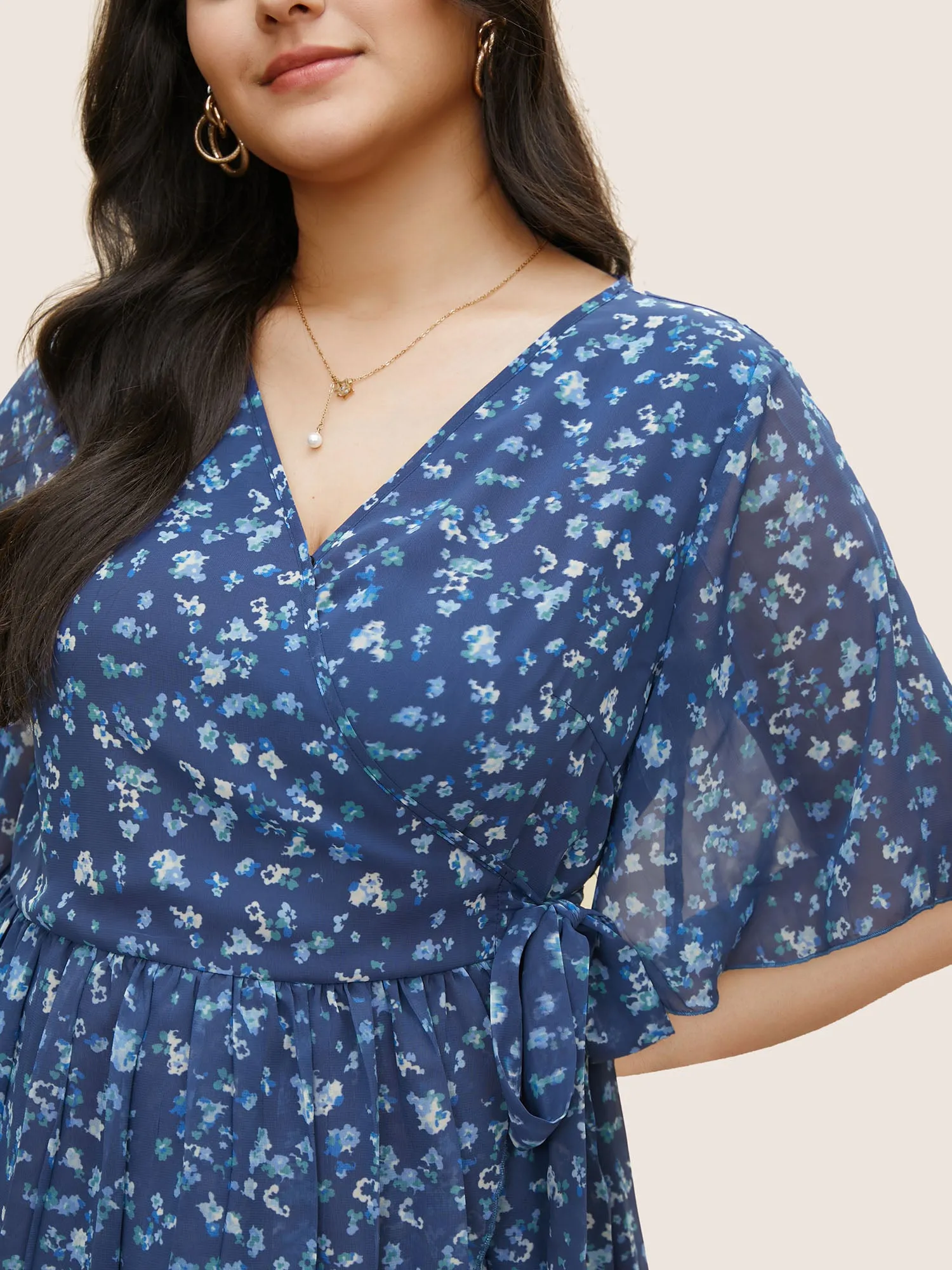 Ditsy Floral Mesh Overlap Collar Ties Blouse sold by Bloomchic product image thumbnail 2