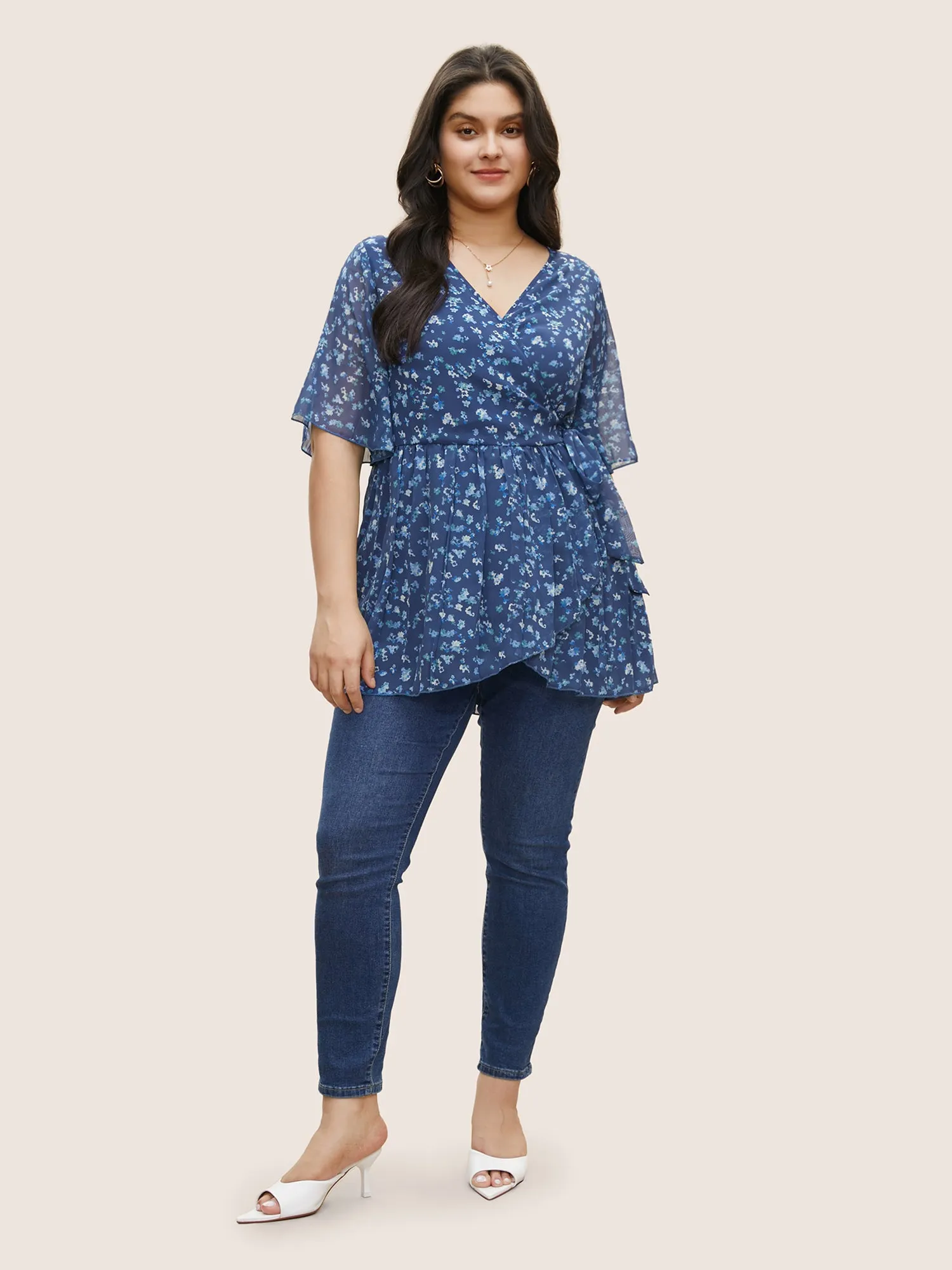 Ditsy Floral Mesh Overlap Collar Ties Blouse sold by Bloomchic product image thumbnail 3