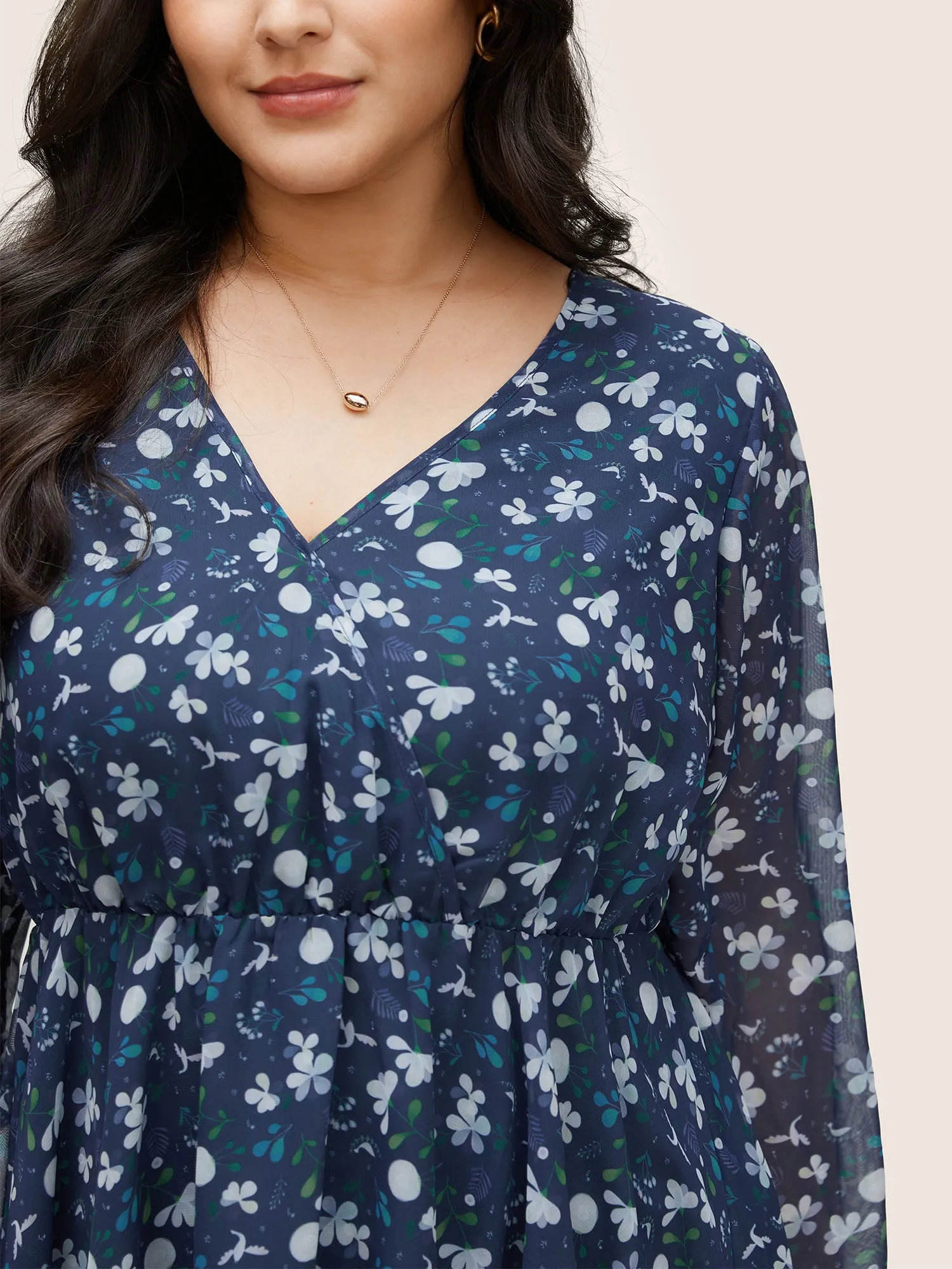 Floral Wrap Elastic Waist Mesh Patchwork Blouse sold by Bloomchic product image thumbnail 3