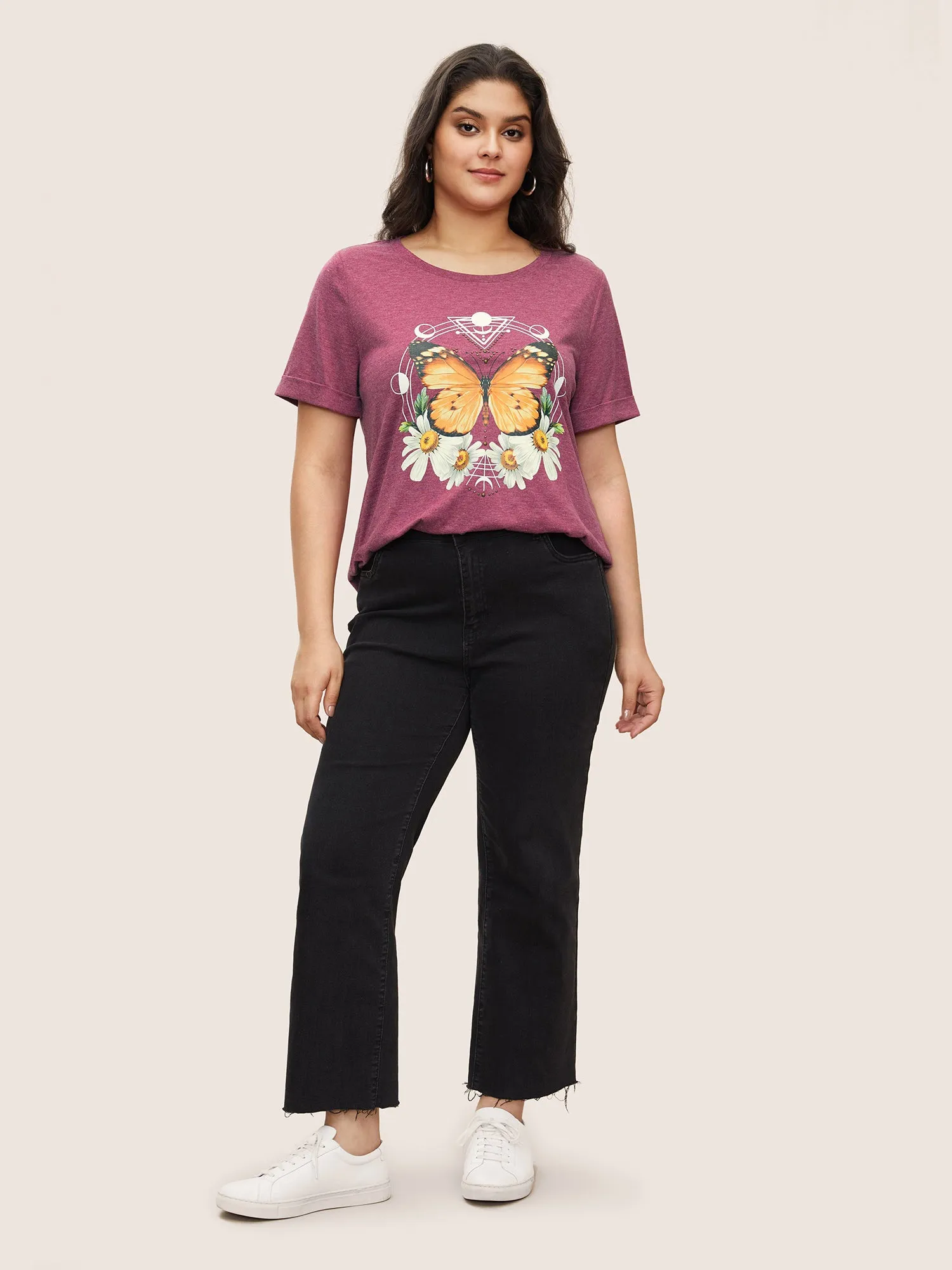 Natural Flowers & Butterfly Print Rhinestone T-shirt sold by Bloomchic product image thumbnail 2
