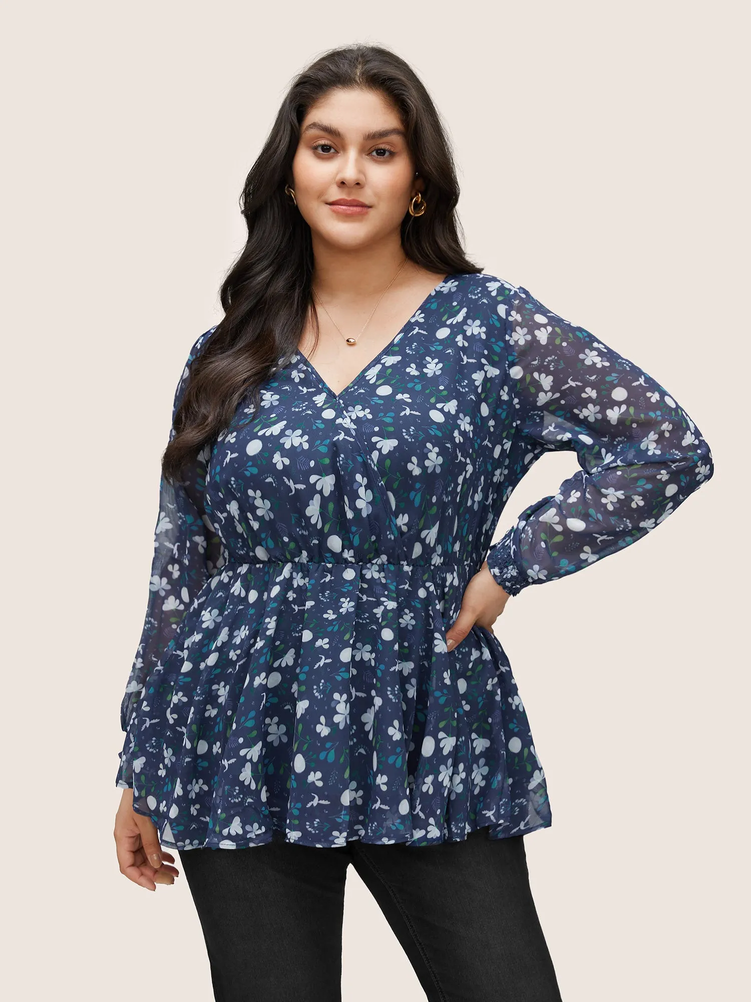 Floral Wrap Elastic Waist Mesh Patchwork Blouse sold by Bloomchic