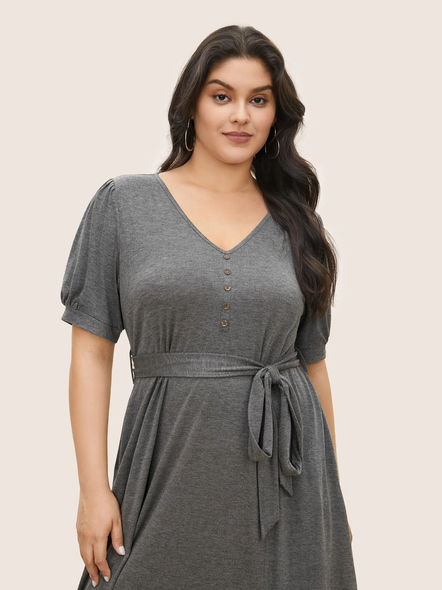 Plain Button Detail Lantern Sleeve Belted Dress sold by Bloomchic product image thumbnail 4