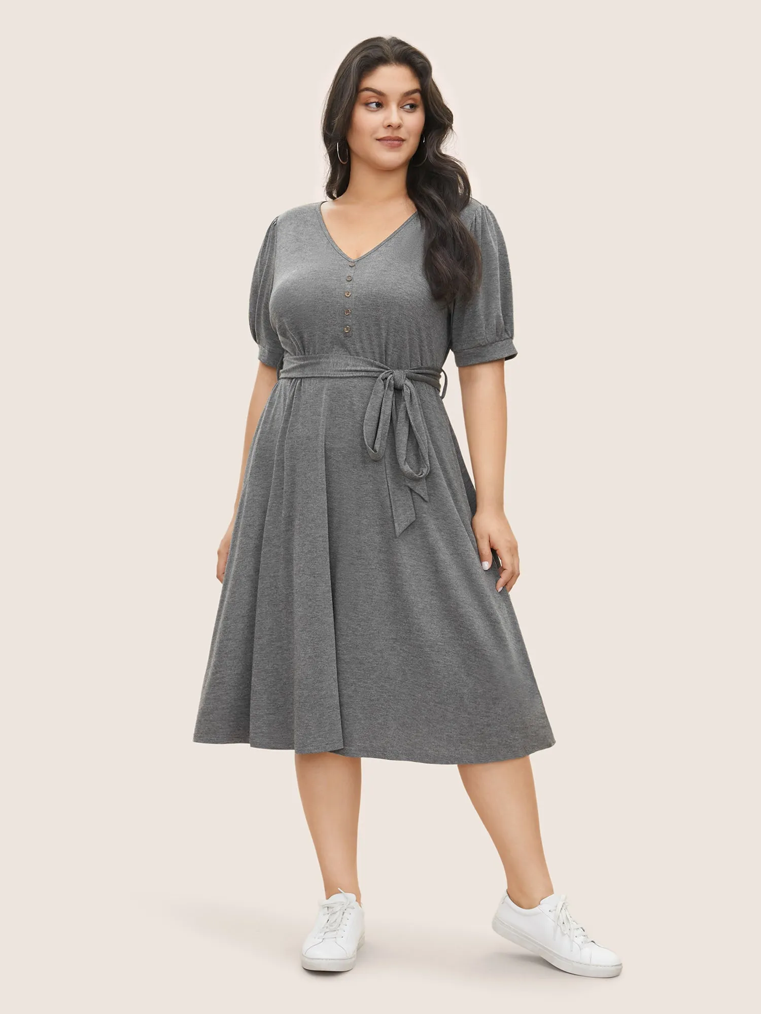 Plain Button Detail Lantern Sleeve Belted Dress sold by Bloomchic product image thumbnail 2