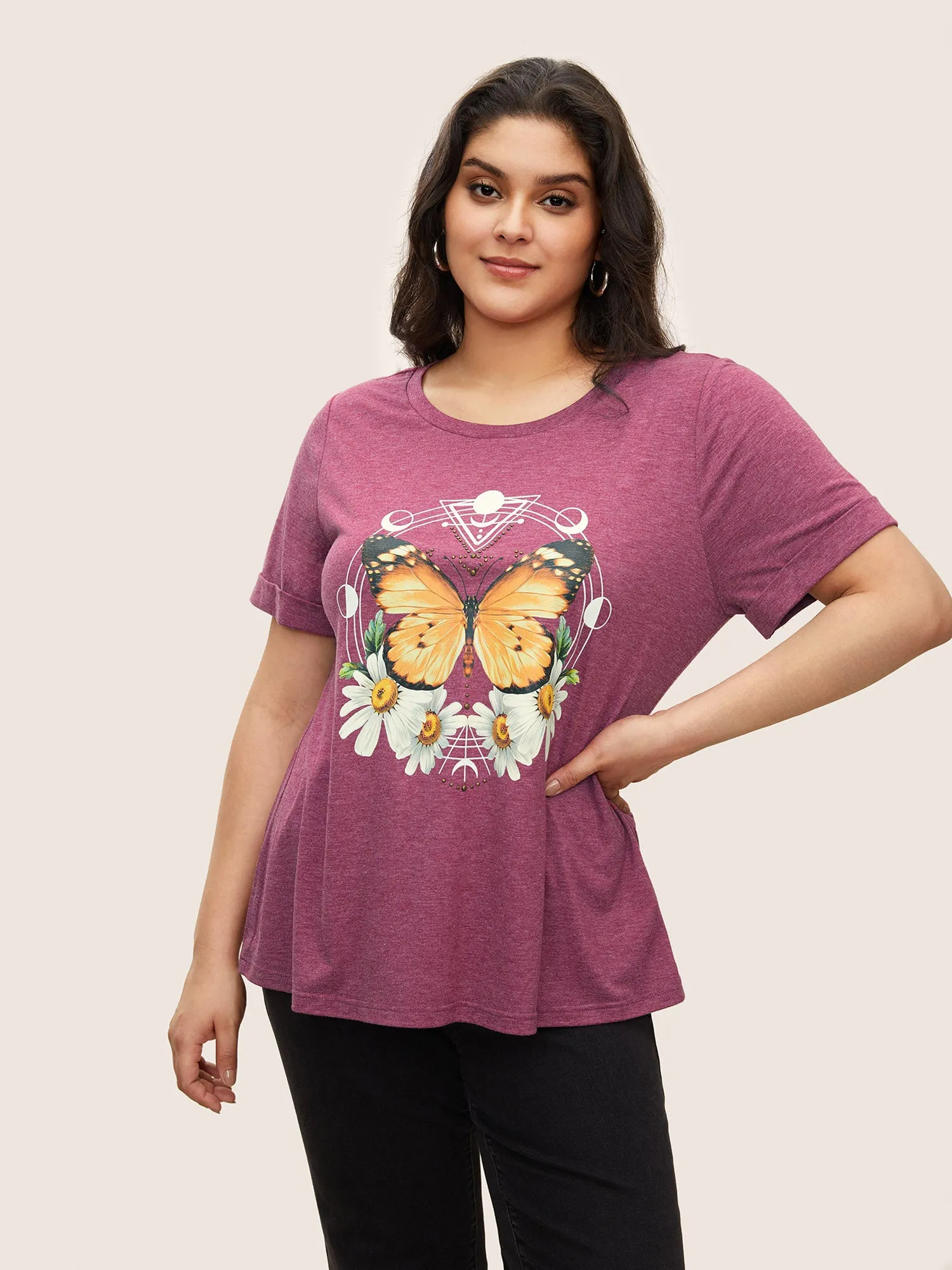 Natural Flowers & Butterfly Print Rhinestone T-shirt sold by Bloomchic