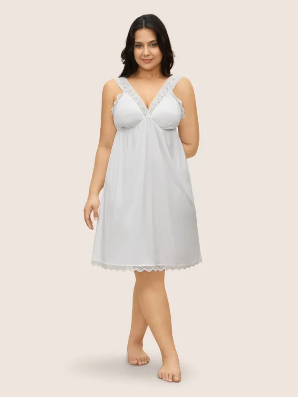 V Neck Solid Lace Panel Elastic Waist Sleep Dress sold by Bloomchic
