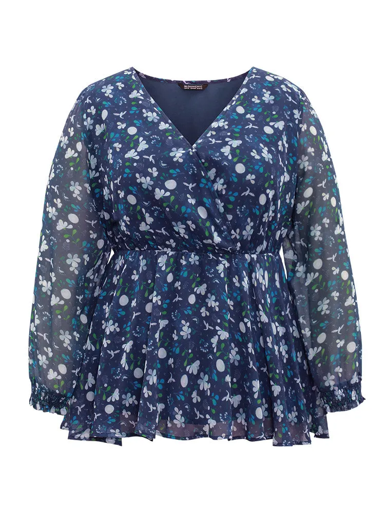 Floral Wrap Elastic Waist Mesh Patchwork Blouse sold by Bloomchic product image thumbnail 5