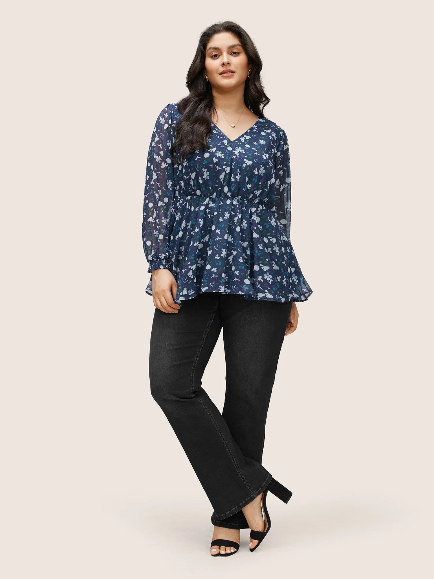 Floral Wrap Elastic Waist Mesh Patchwork Blouse sold by Bloomchic product image thumbnail 2