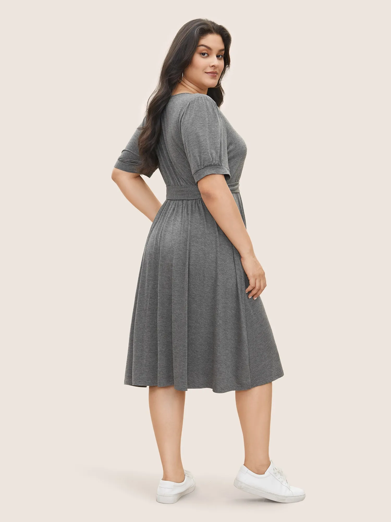 Plain Button Detail Lantern Sleeve Belted Dress sold by Bloomchic product image thumbnail 3