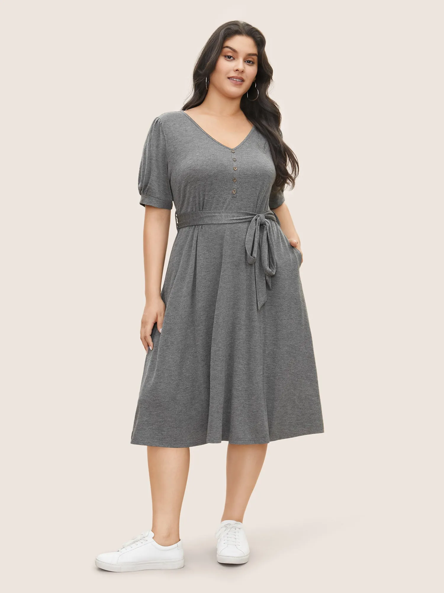 Plain Button Detail Lantern Sleeve Belted Dress sold by Bloomchic