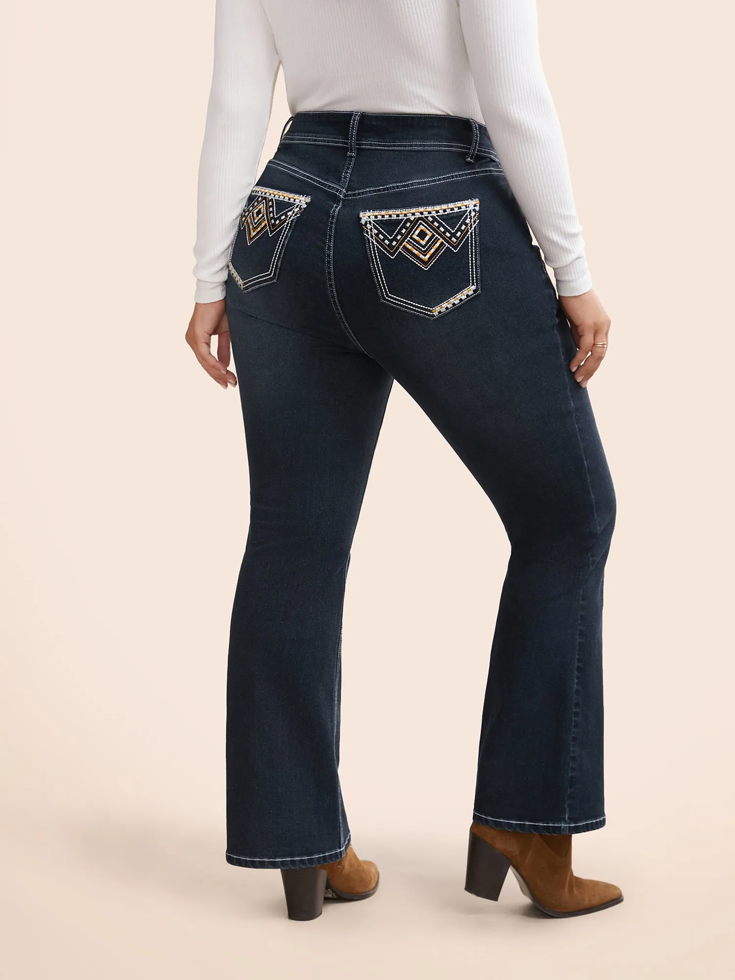 Stretch Denim Embroided Pockets Flare Jeans sold by Bloomchic