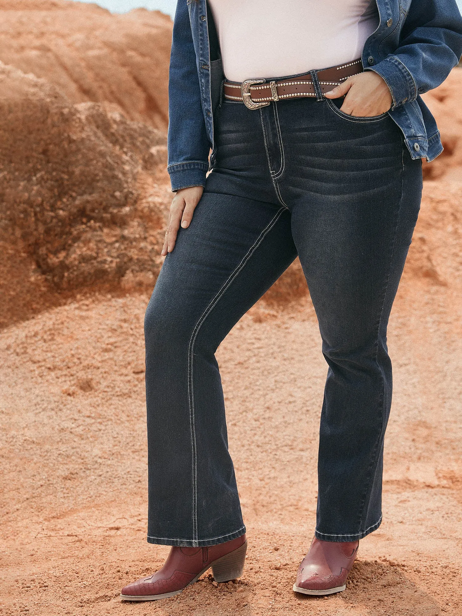 Stretch Denim Embroided Pockets Flare Jeans sold by Bloomchic product image thumbnail 2