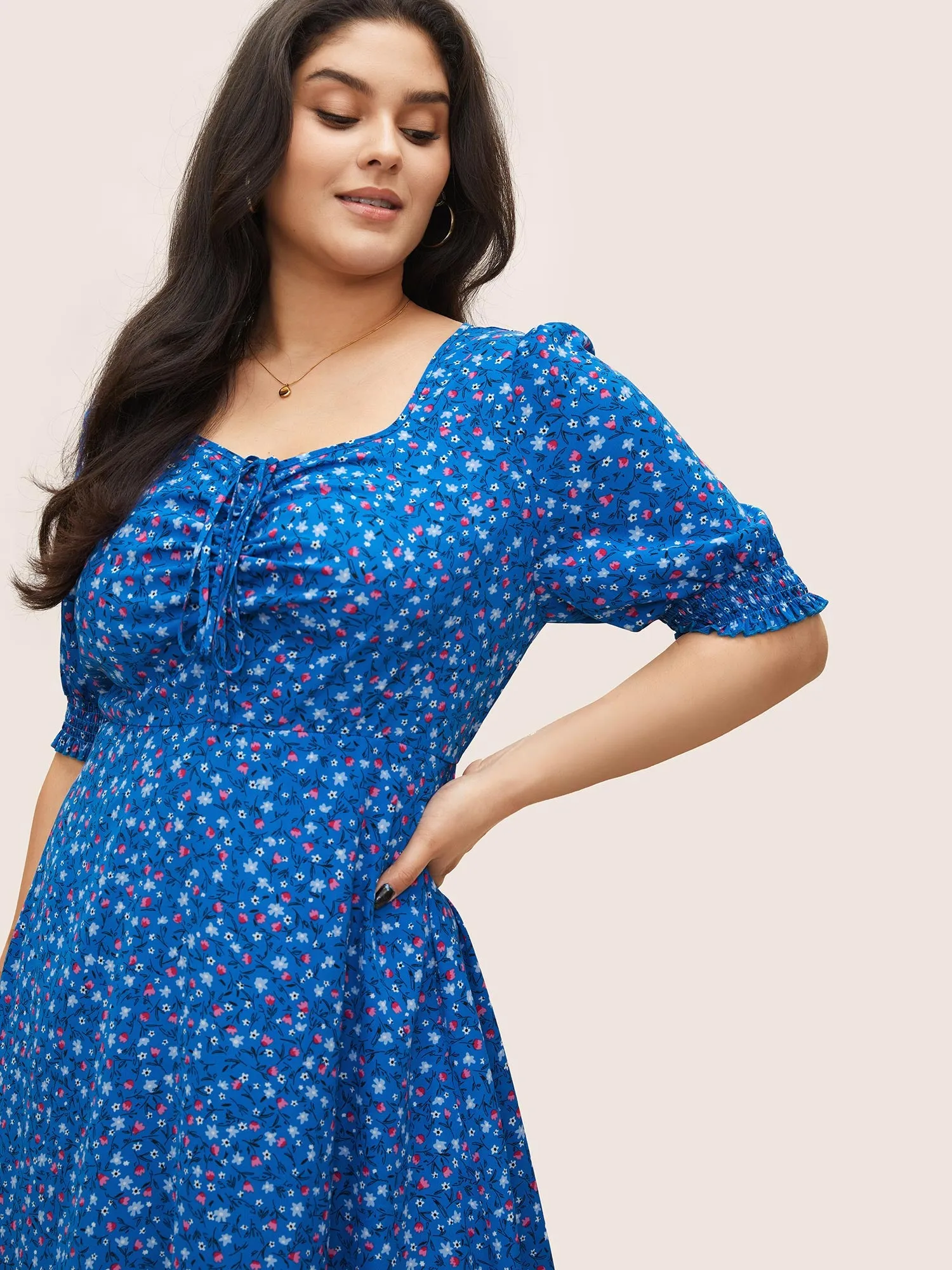 Ditsy Floral Drawstring Shirred Cuffs Dress sold by Bloomchic product image thumbnail 4