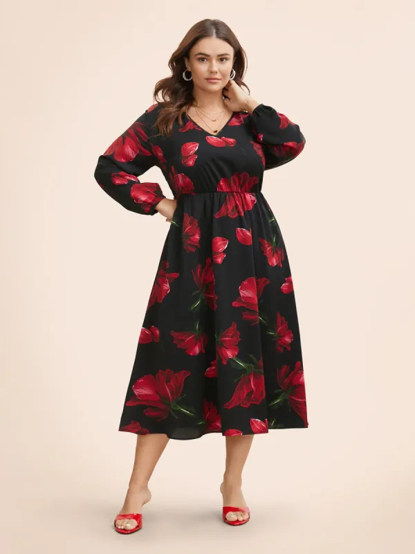 Floral Elastic Waist Lantern Sleeve Dress sold by Bloomchic