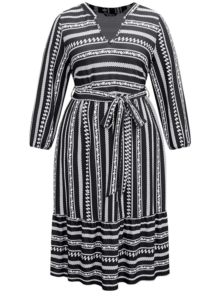 Striped Notched Belted Lantern Sleeve Dress sold by Bloomchic product image thumbnail 5