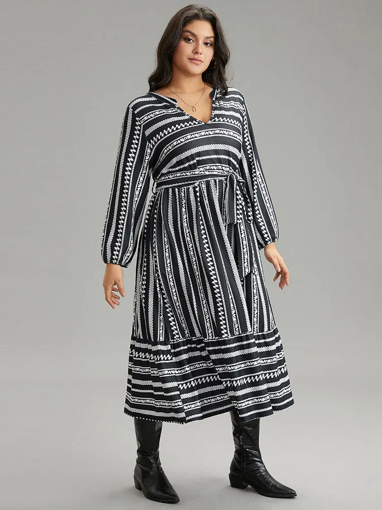 Striped Notched Belted Lantern Sleeve Dress sold by Bloomchic product image thumbnail 2