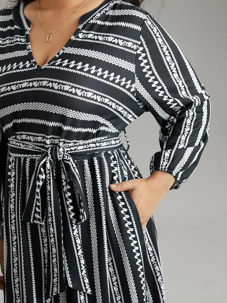 Striped Notched Belted Lantern Sleeve Dress sold by Bloomchic product image thumbnail 4