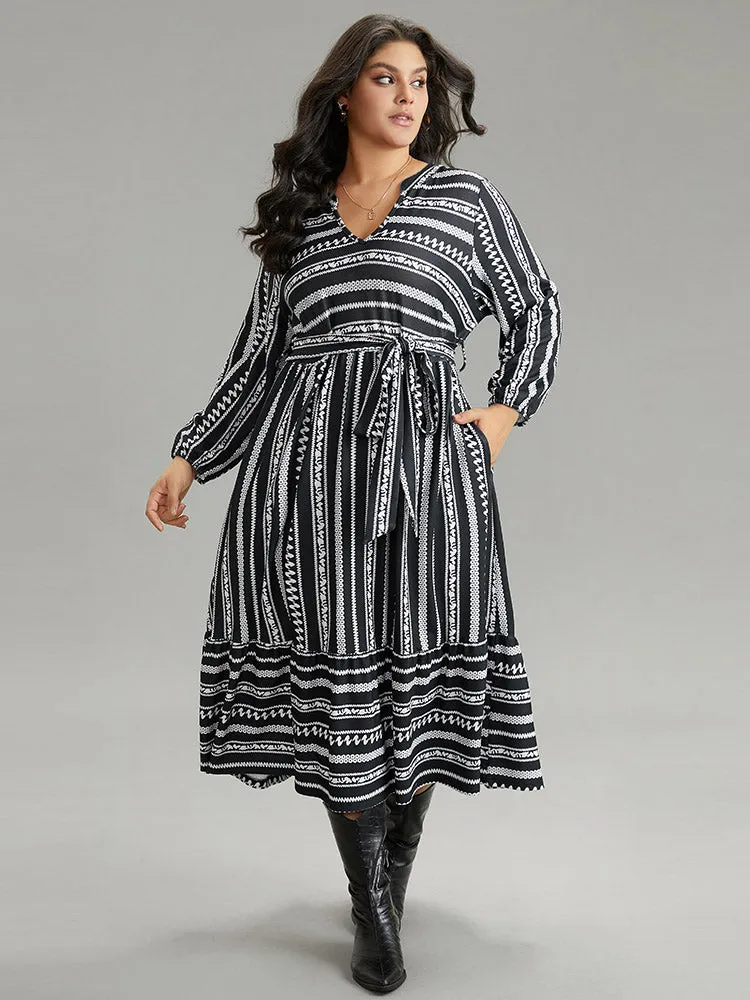 Striped Notched Belted Lantern Sleeve Dress sold by Bloomchic