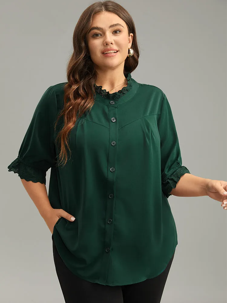 Solid Guipure Lace Button Up Curved Hem Blouse sold by Bloomchic