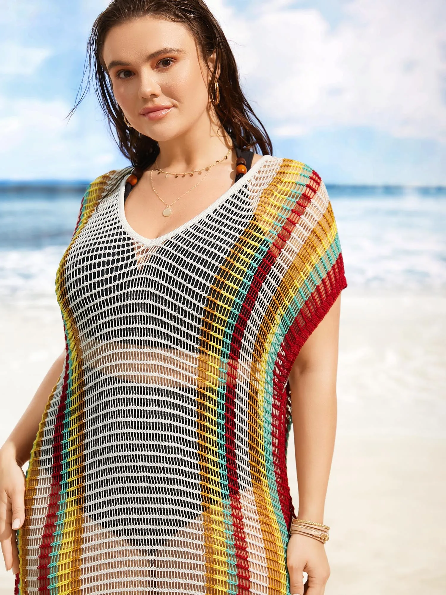 Contrast Striped Dolman Sleeve Split Side Swim Cover Up sold by Bloomchic product image thumbnail 4