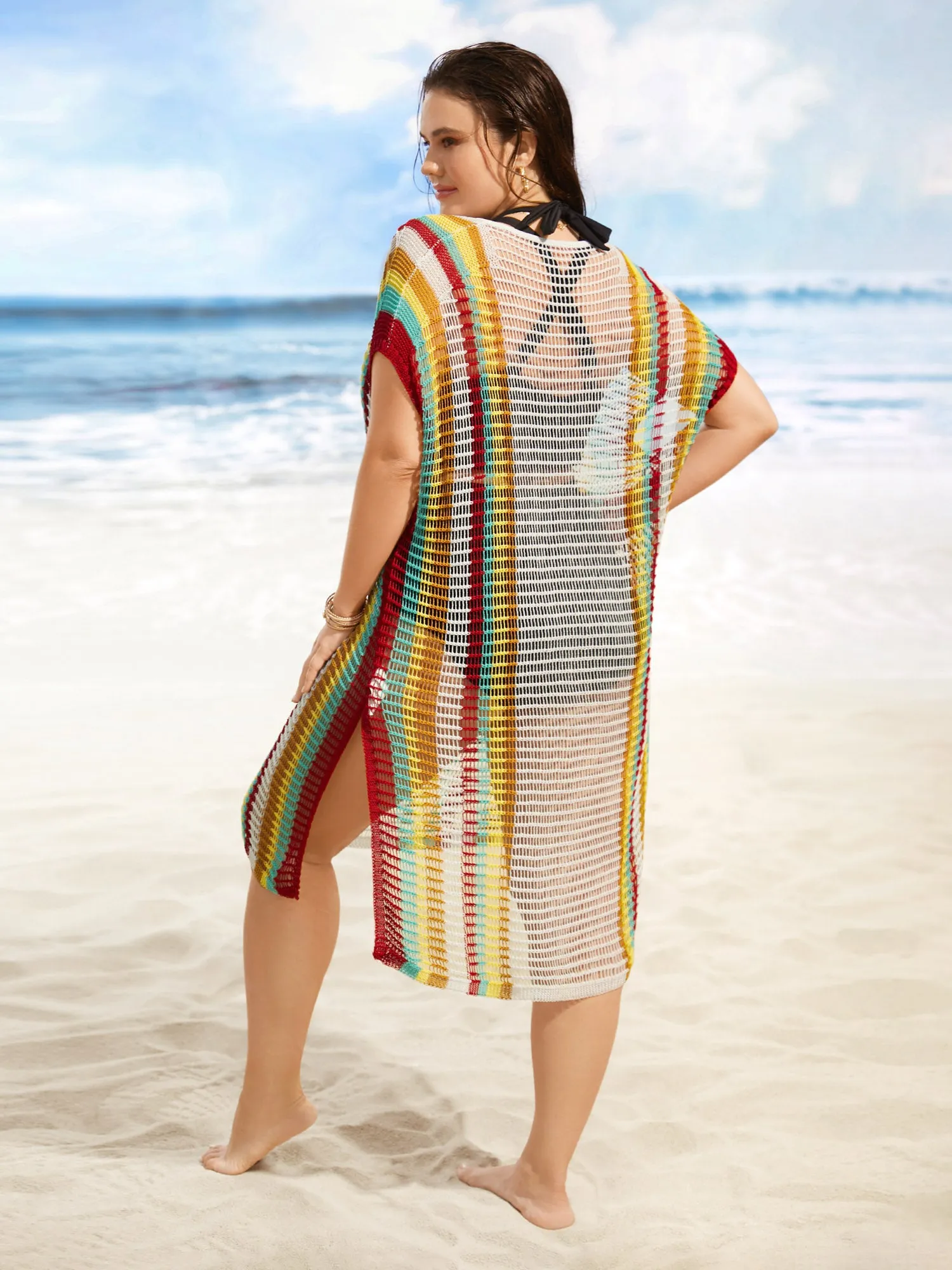 Contrast Striped Dolman Sleeve Split Side Swim Cover Up sold by Bloomchic product image thumbnail 2