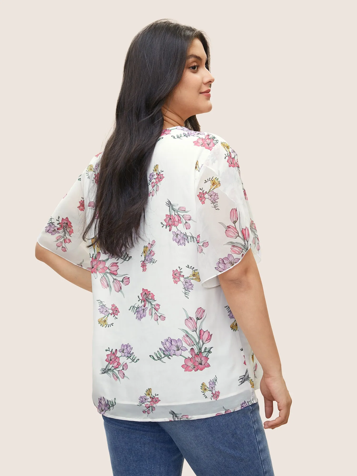 Floral Notched Mesh Petal Sleeve Blouse sold by Bloomchic product image thumbnail 3