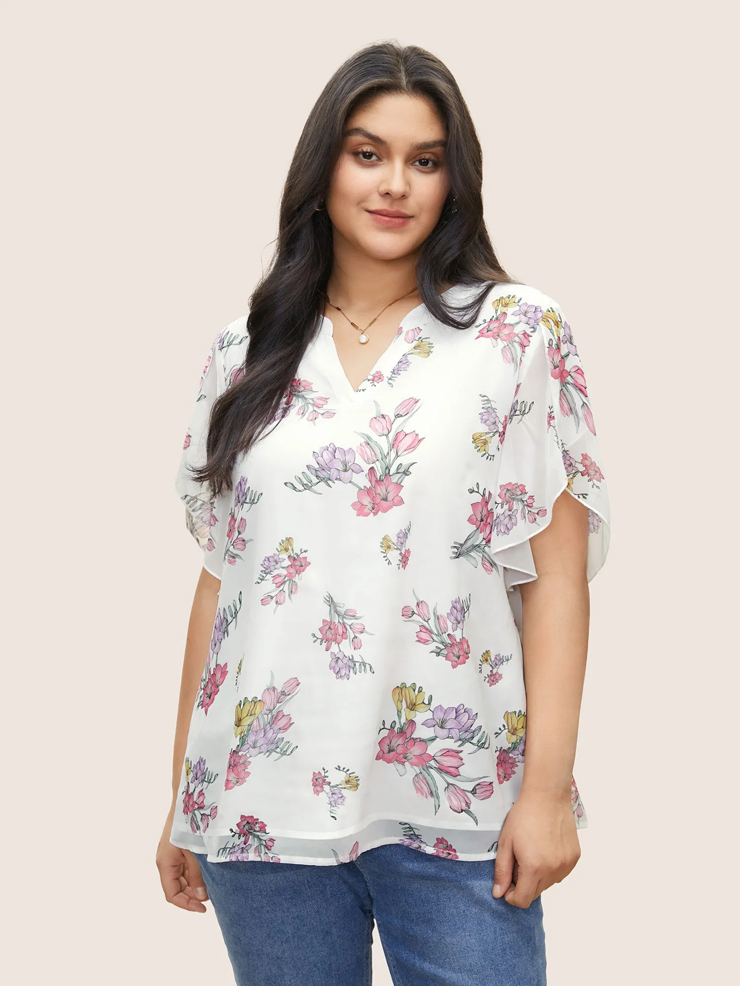 Floral Notched Mesh Petal Sleeve Blouse sold by Bloomchic