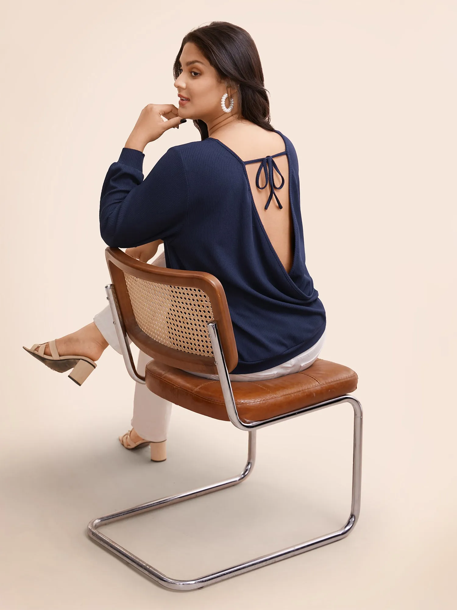 Solid Round Neck Backless Tie Knot T-shirt sold by Bloomchic product image thumbnail 3