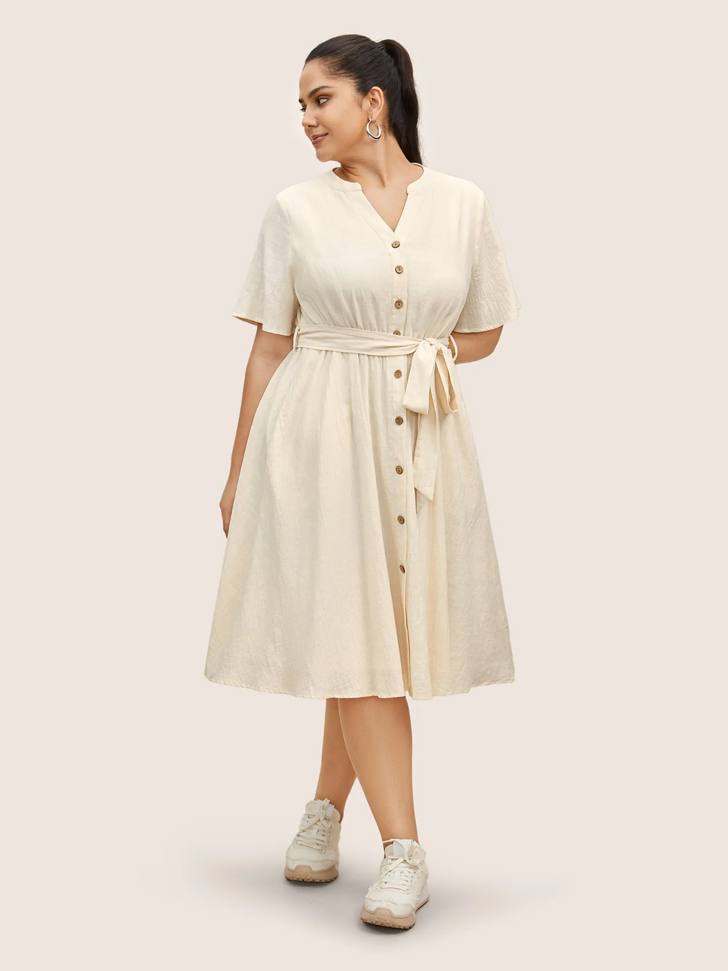 Notched Collar Plain Button Detail Belted Dress sold by Bloomchic
