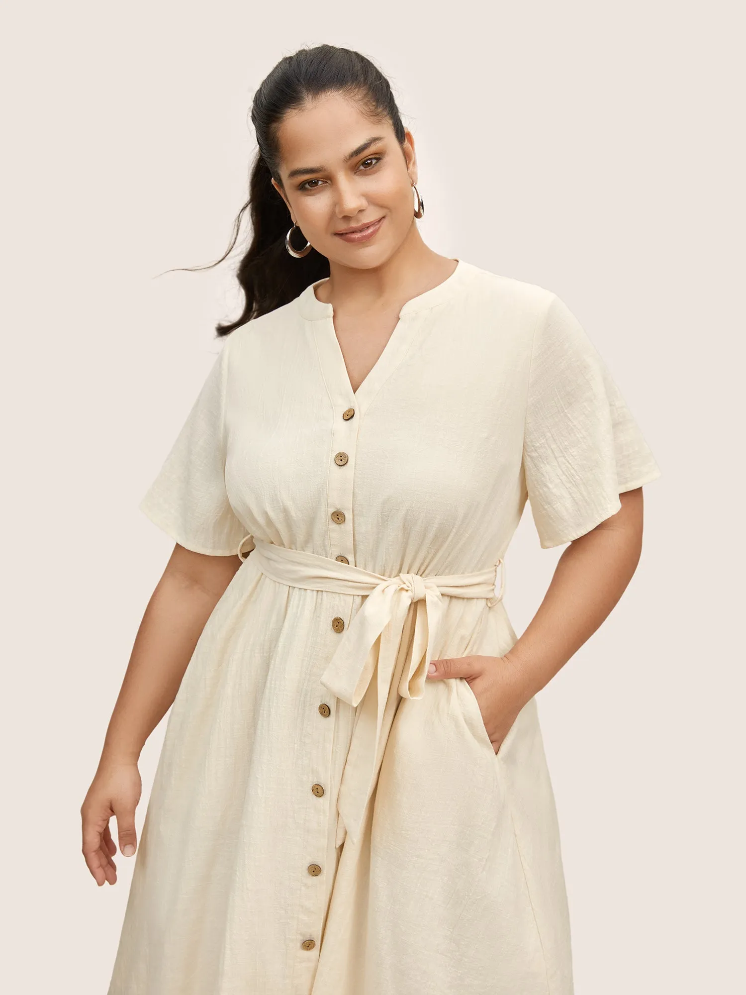 Notched Collar Plain Button Detail Belted Dress sold by Bloomchic product image thumbnail 4