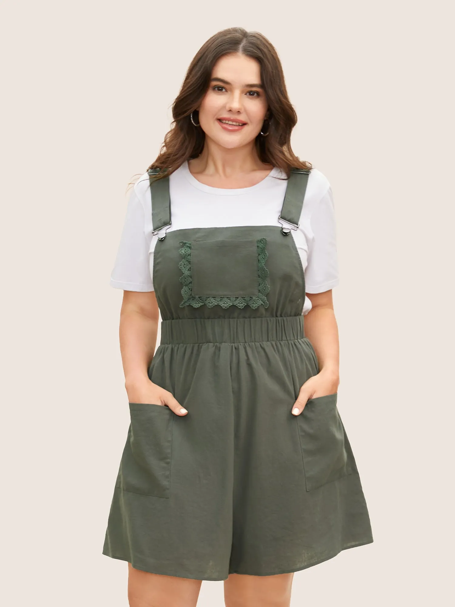 Lace Patchwork Patched Pocket Loose Romper sold by Bloomchic