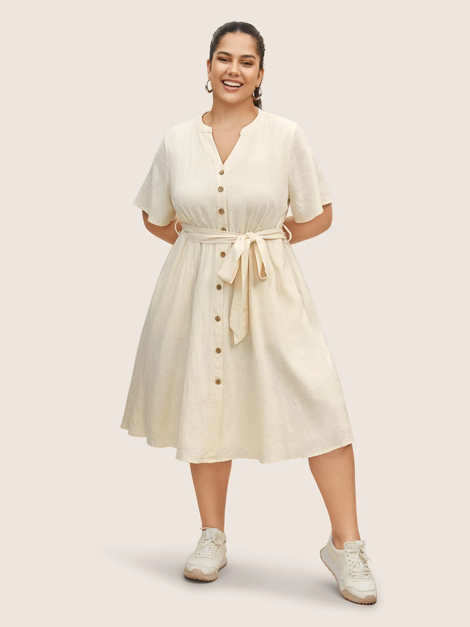 Notched Collar Plain Button Detail Belted Dress sold by Bloomchic product image thumbnail 2