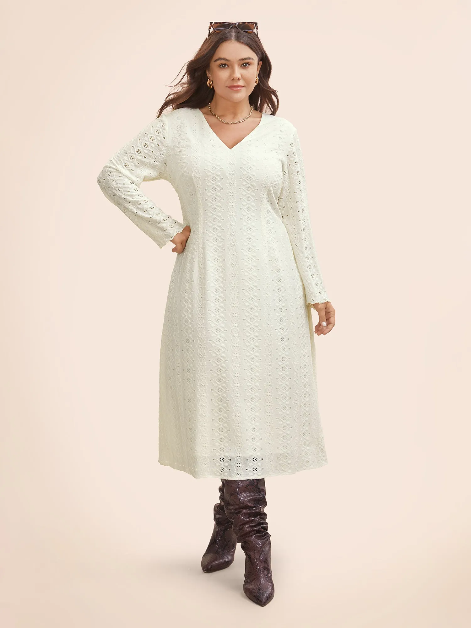 Solid V Neck Broderie Anglaise Dress sold by Bloomchic