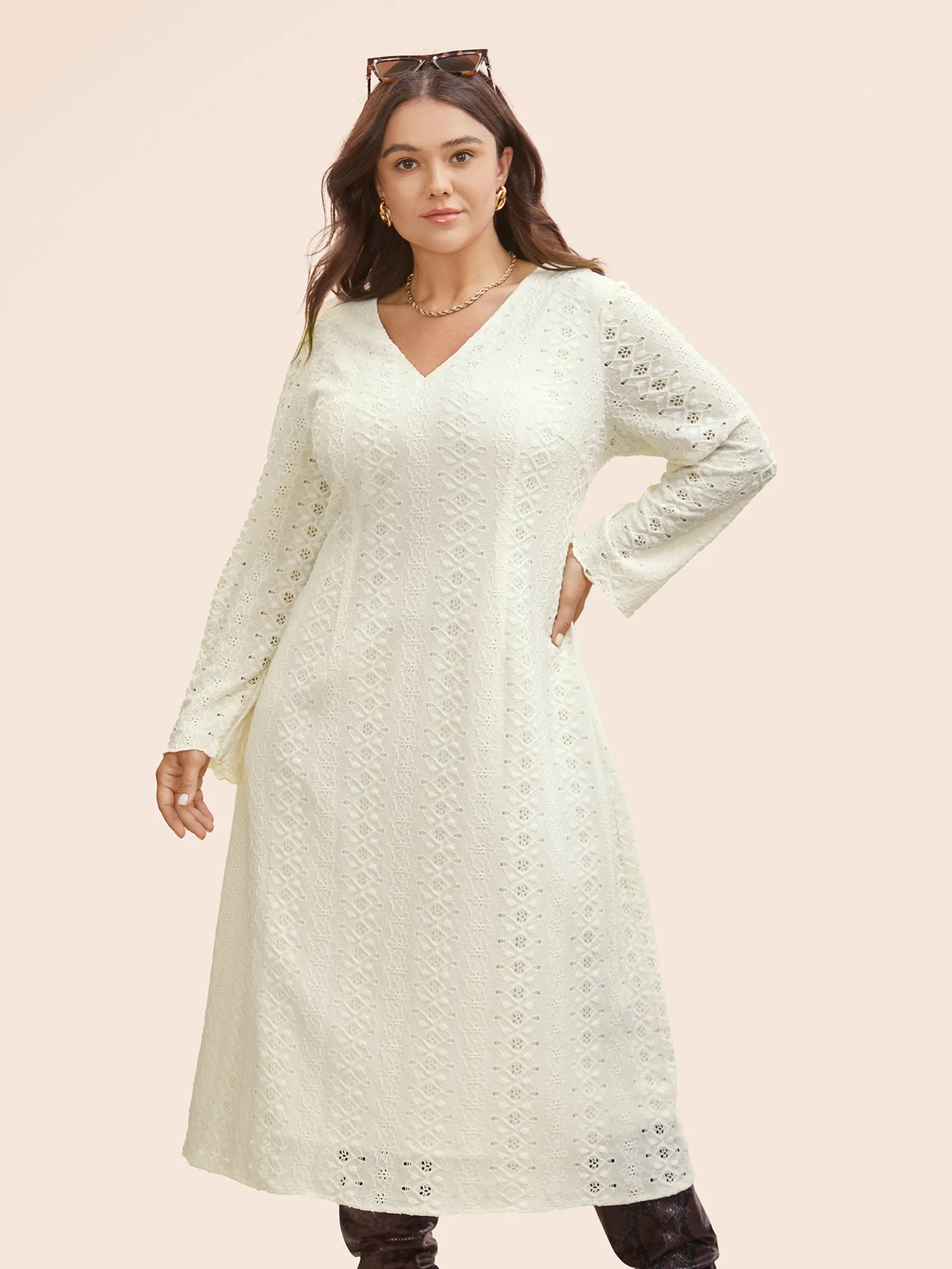 Solid V Neck Broderie Anglaise Dress sold by Bloomchic product image thumbnail 2