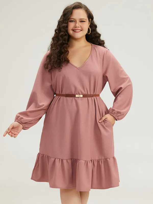 Plain Waffle Knit Pleated Texture Ruffle Hem Dress sold by Bloomchic