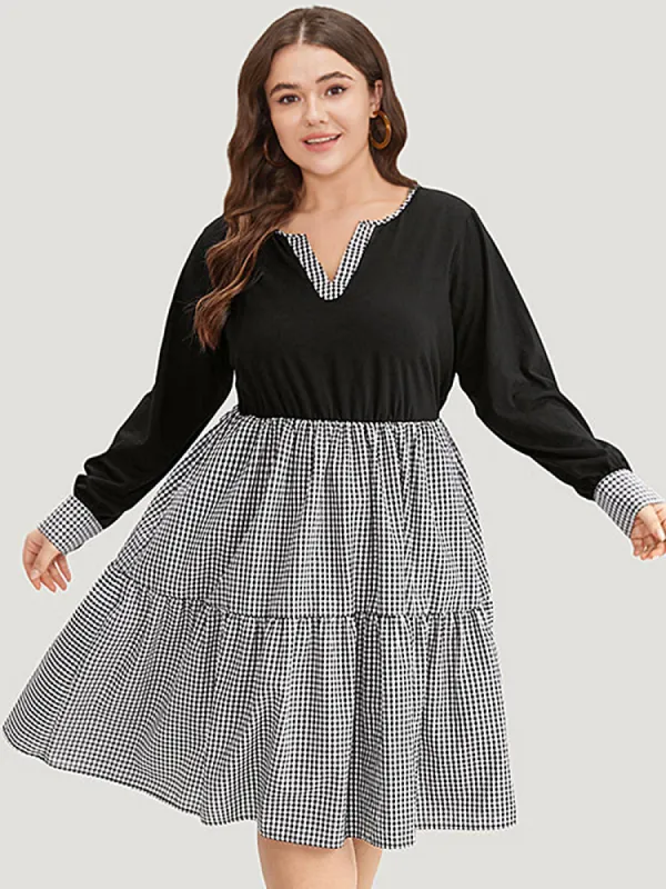Notched Drawstring Gingham Patchwor Dress sold by Bloomchic