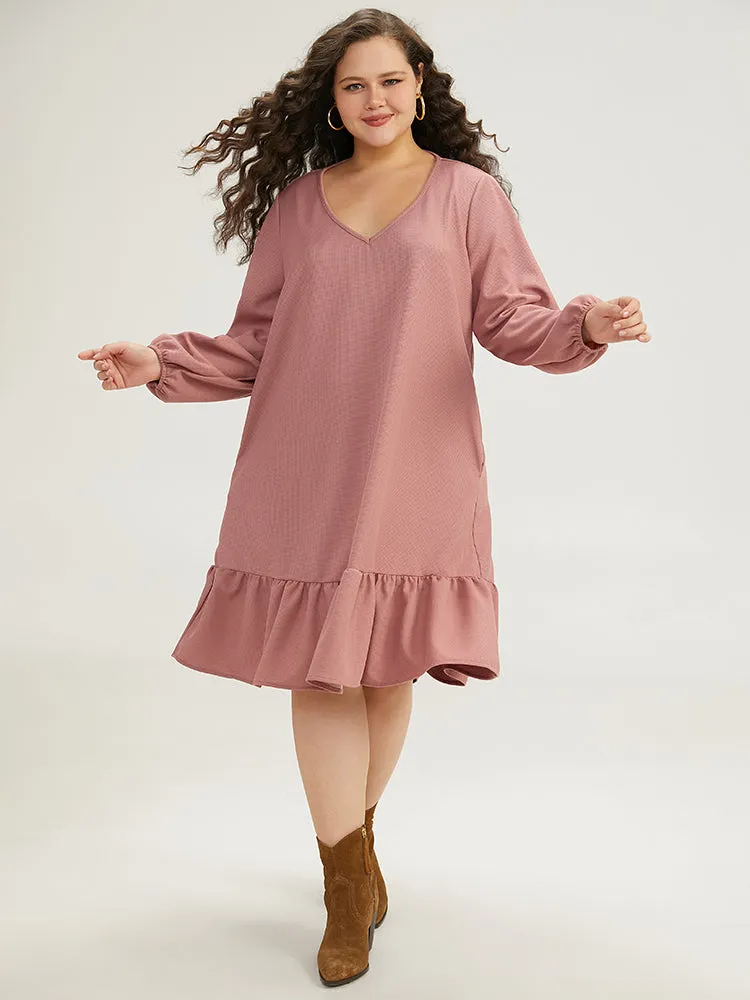 Plain Waffle Knit Pleated Texture Ruffle Hem Dress sold by Bloomchic product image thumbnail 5