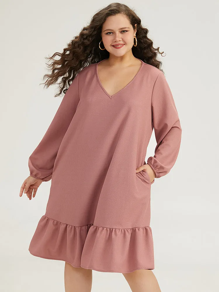 Plain Waffle Knit Pleated Texture Ruffle Hem Dress sold by Bloomchic product image thumbnail 2