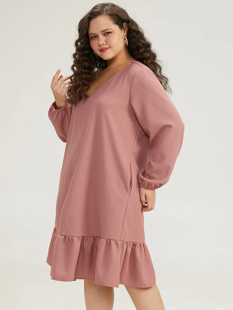 Plain Waffle Knit Pleated Texture Ruffle Hem Dress sold by Bloomchic product image thumbnail 3