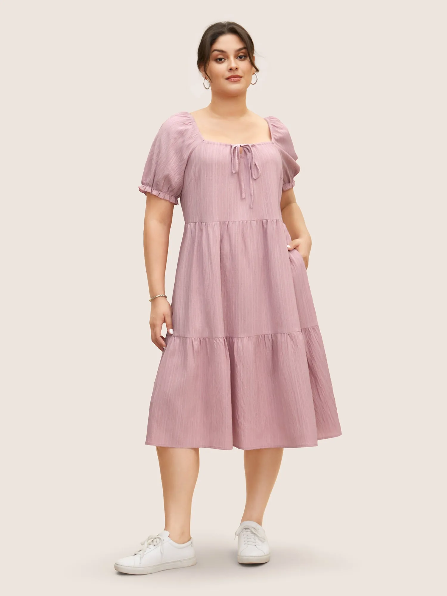 Square Neck Textured Ruffle Layered Hem Dress sold by Bloomchic product image thumbnail 2