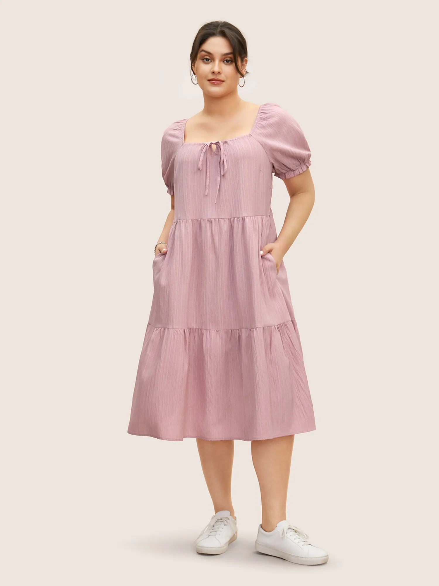 Square Neck Textured Ruffle Layered Hem Dress sold by Bloomchic