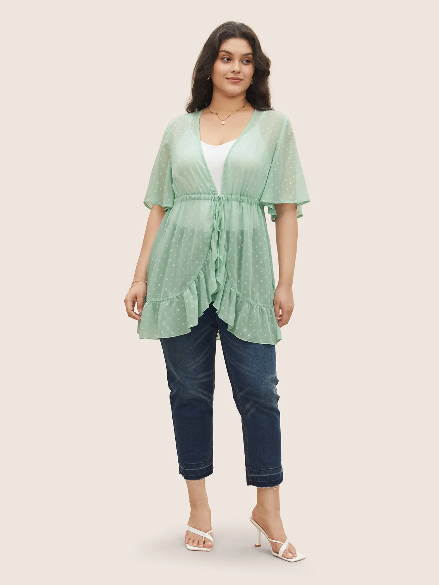 Plisse Drawstring See Through Patchwork Ruffles Kimono sold by Bloomchic product image thumbnail 2