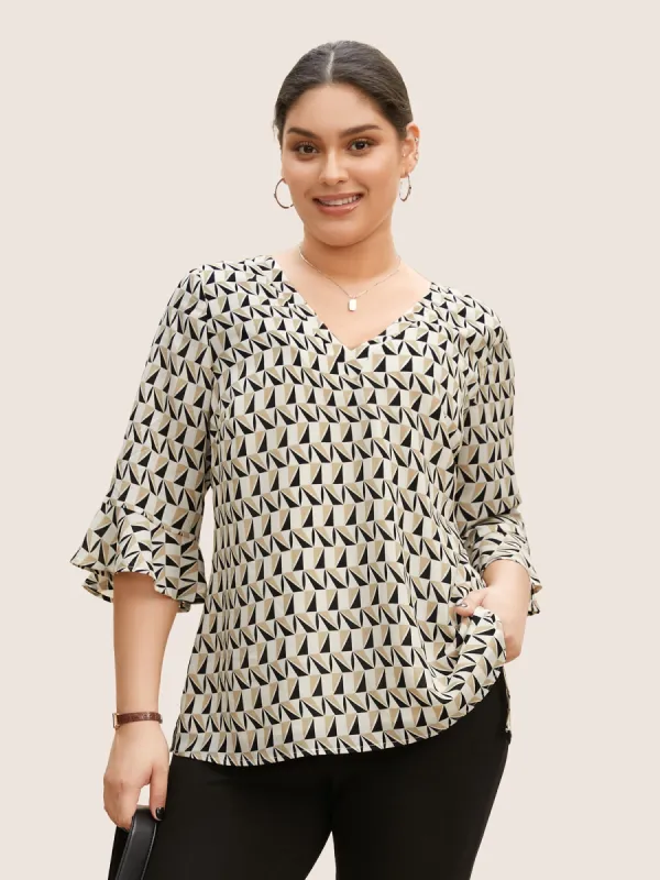 Geometric V Neck Flutter Sleeve Blouse sold by Bloomchic