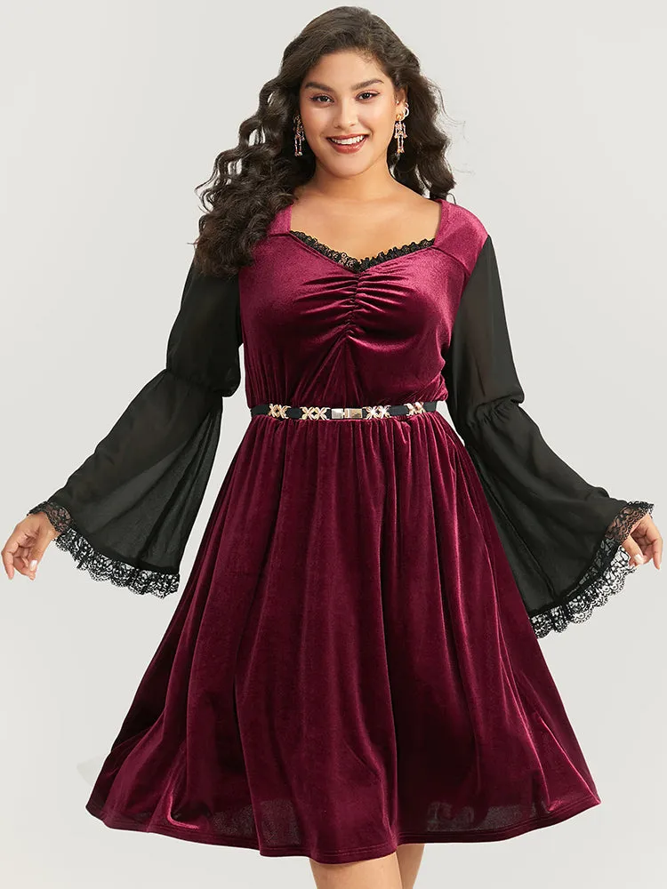Halloween Two Tone Velvet Ruched Lace Panel Bell Sleeve Dress sold by Bloomchic