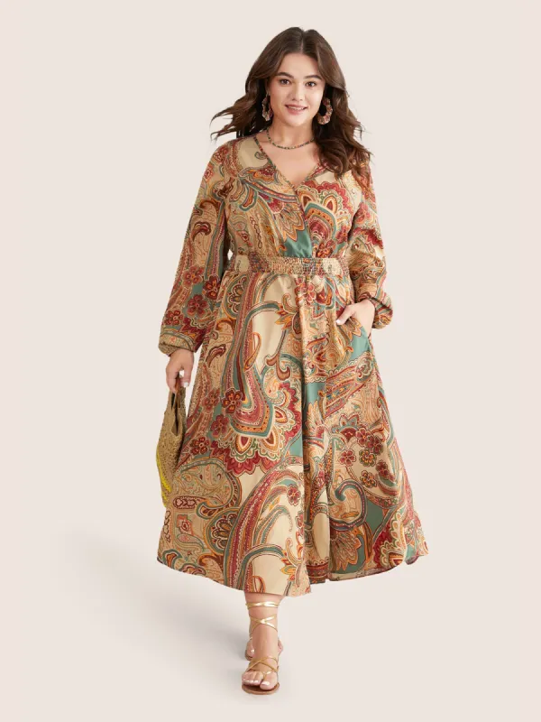 Paisley Shirred Split Side Overlap Collar Dress sold by Bloomchic