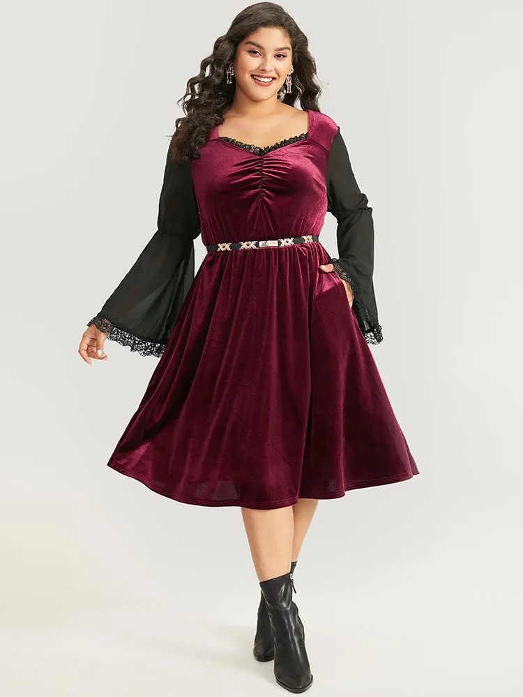 Halloween Two Tone Velvet Ruched Lace Panel Bell Sleeve Dress sold by Bloomchic product image thumbnail 2