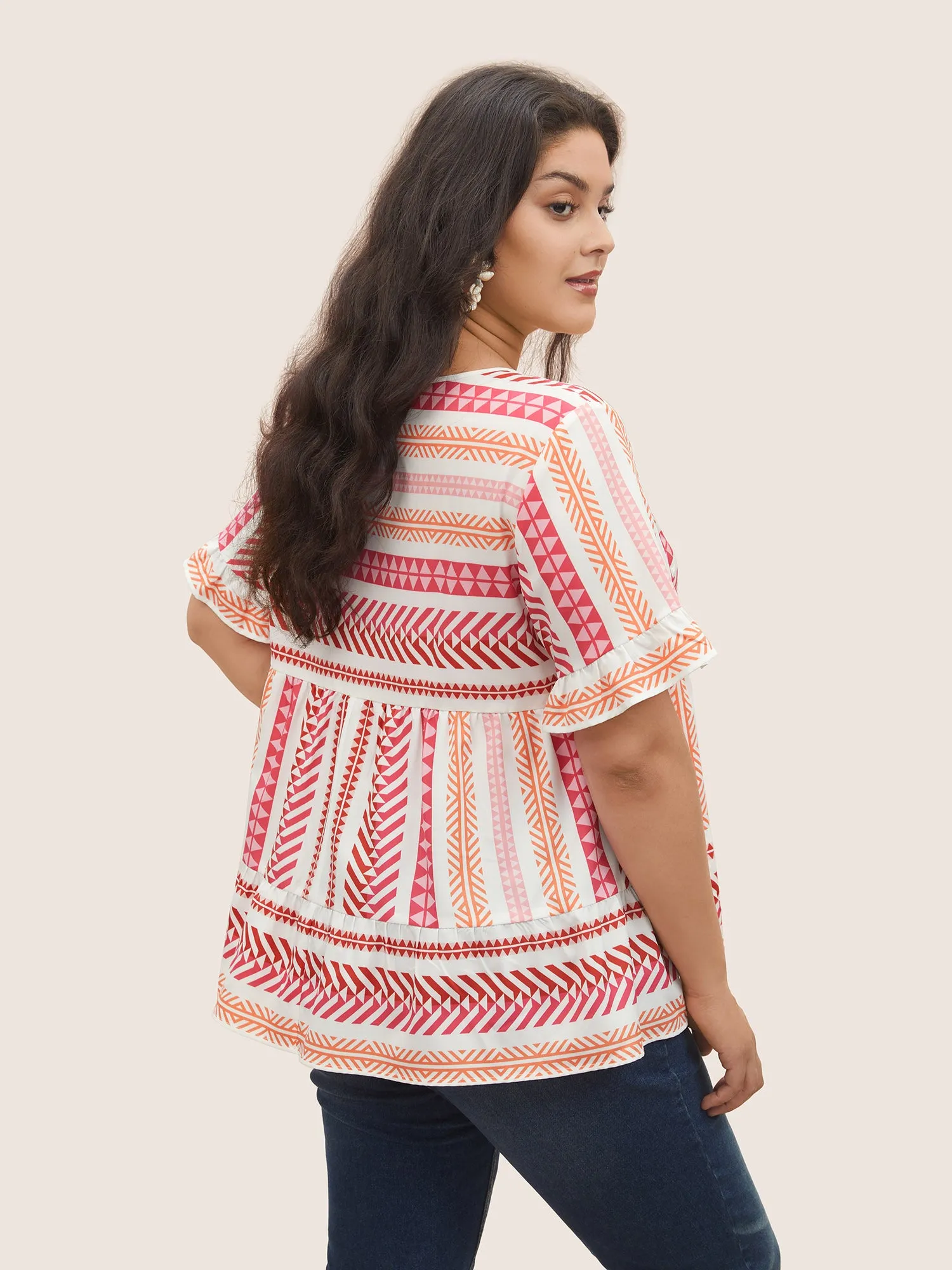 V Neck Geometric Patchwork Ruffles Blouse sold by Bloomchic product image thumbnail 4